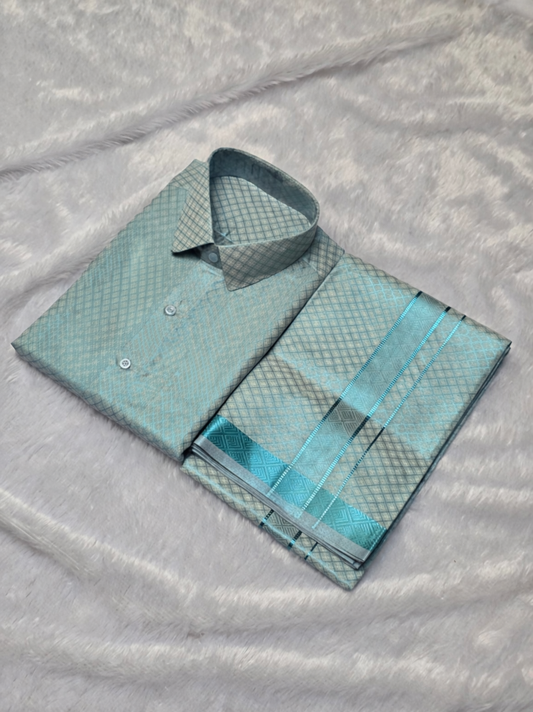 Cyan blue X Pattern - Tissue Silk Jacquard